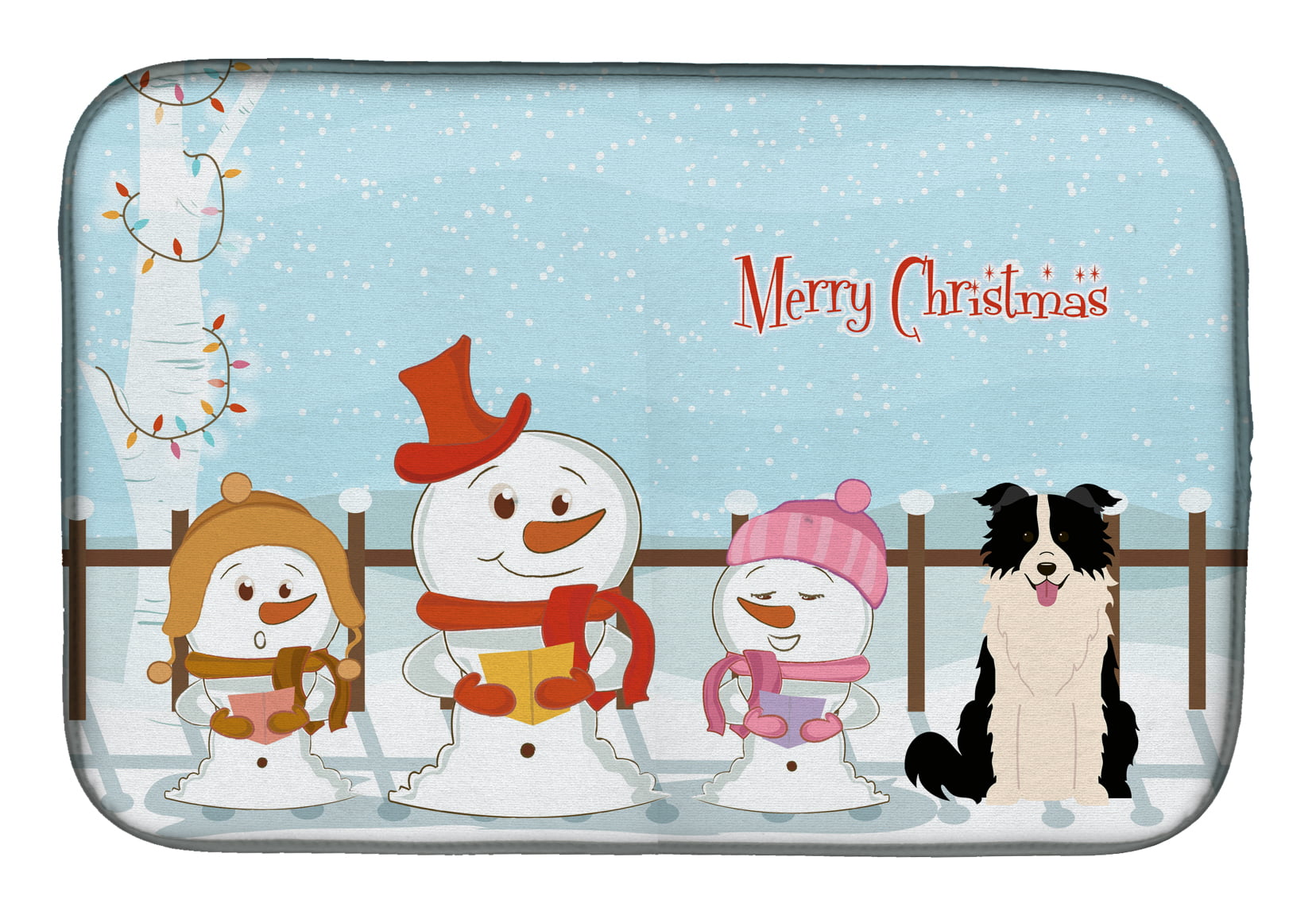 Merry Christmas Carolers Border Collie Black & White Dish Drying Mat