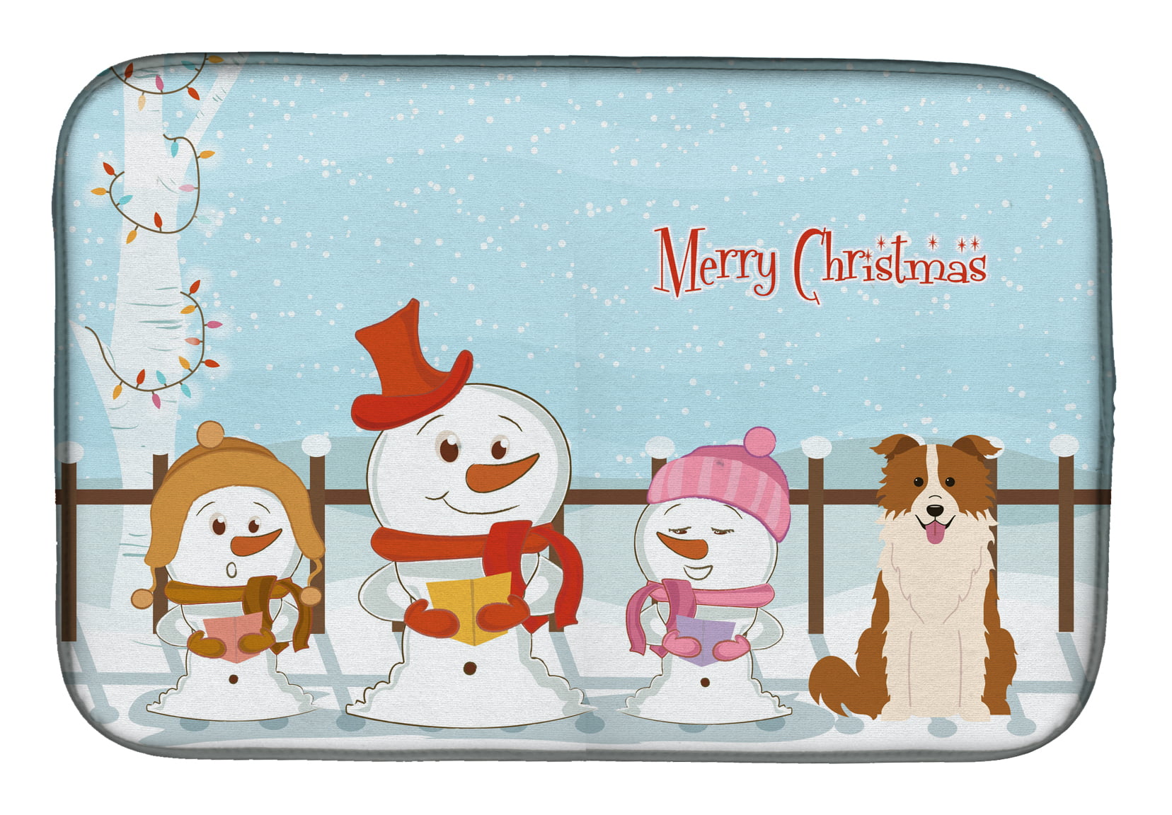 Merry Christmas Carolers Border Collie Red White Dish Drying Mat