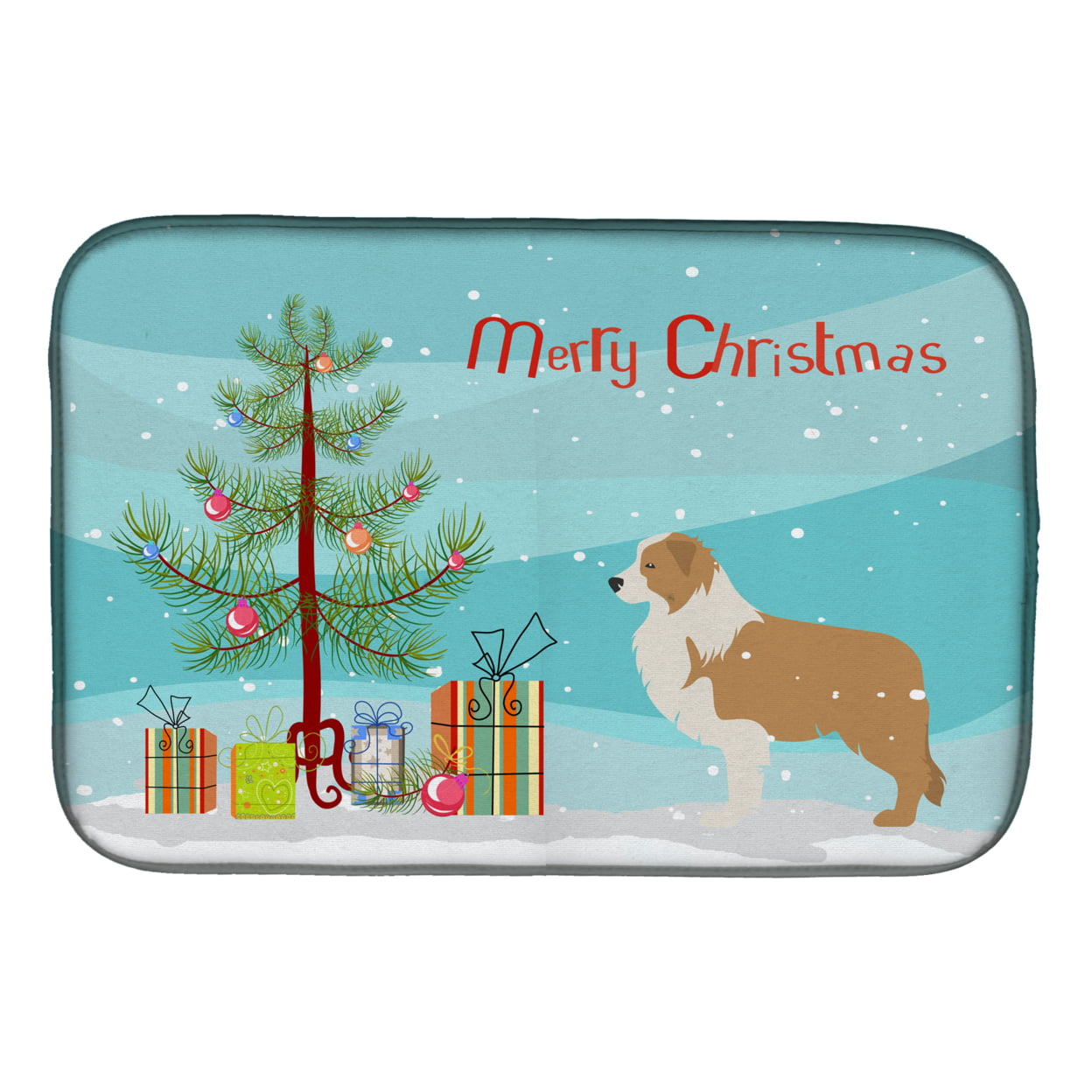 Red Border Collie Merry Christmas Tree Dish Drying Mat