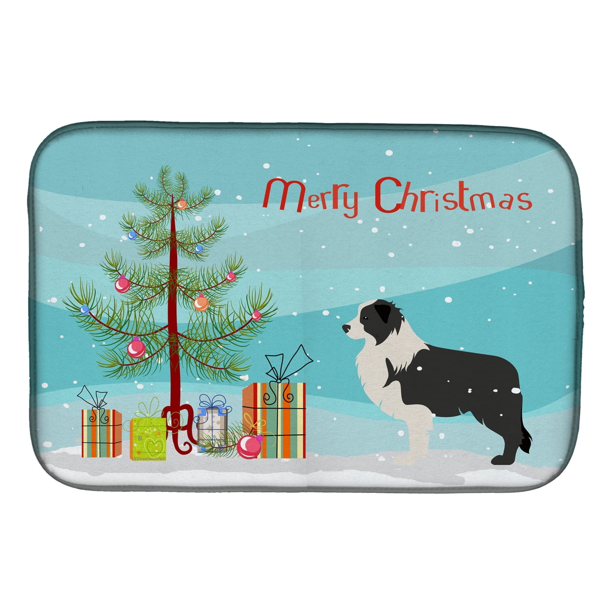 Black Border Collie Merry Christmas Tree Dish Drying Mat