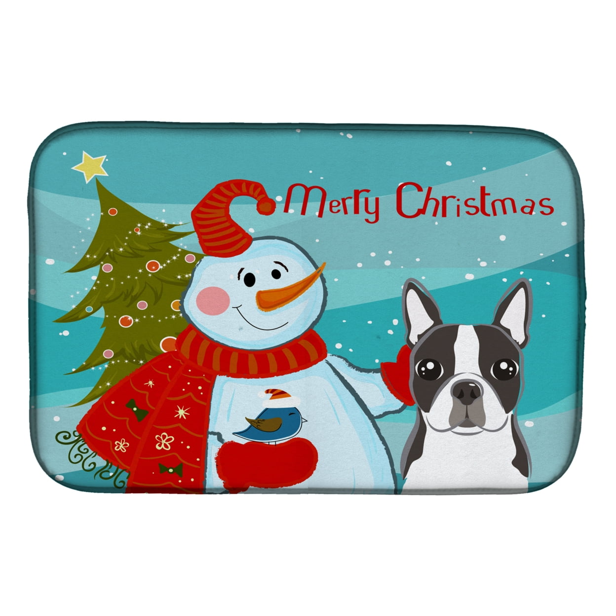BB1823DDM Snowman With Boston Terrier Dish Drying Mat
