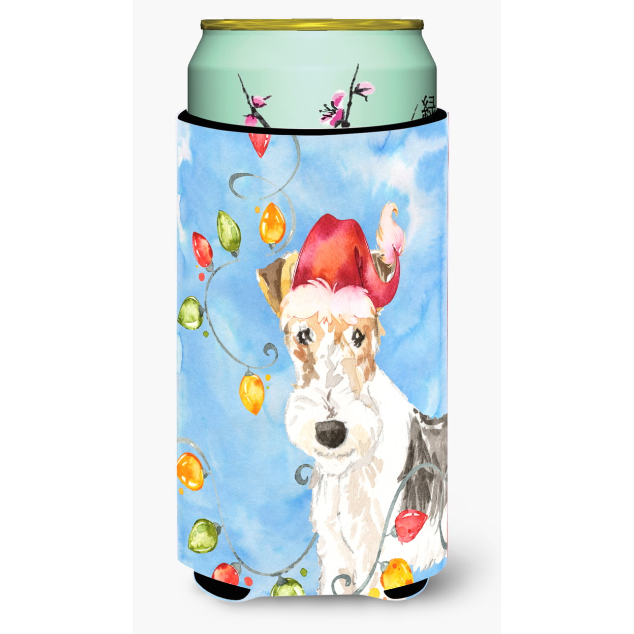 Christmas Lights Fox Terrier Tall Boy Beverage Insulator Hugger