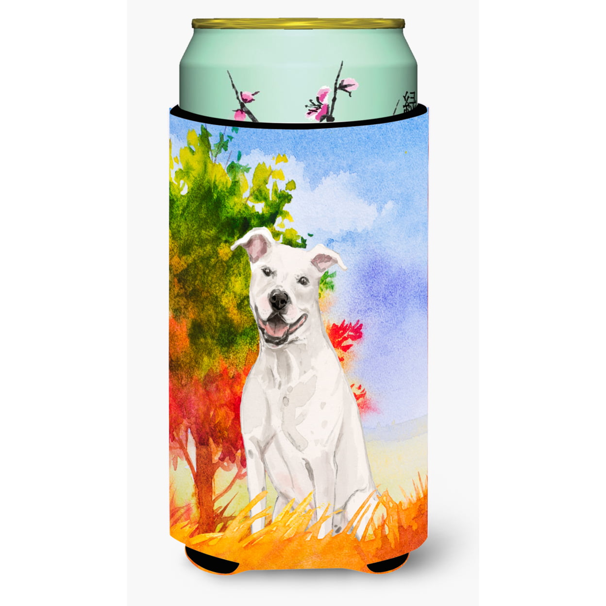 Fall White Staffie Bull Terrier Tall Boy Beverage Insulator Hugger