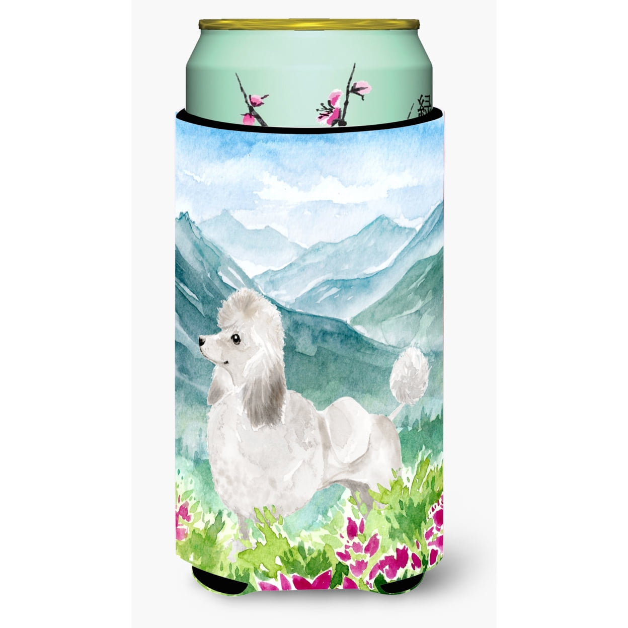 Mountian Flowers White Poodle Tall Boy Beverage Insulator Hugger