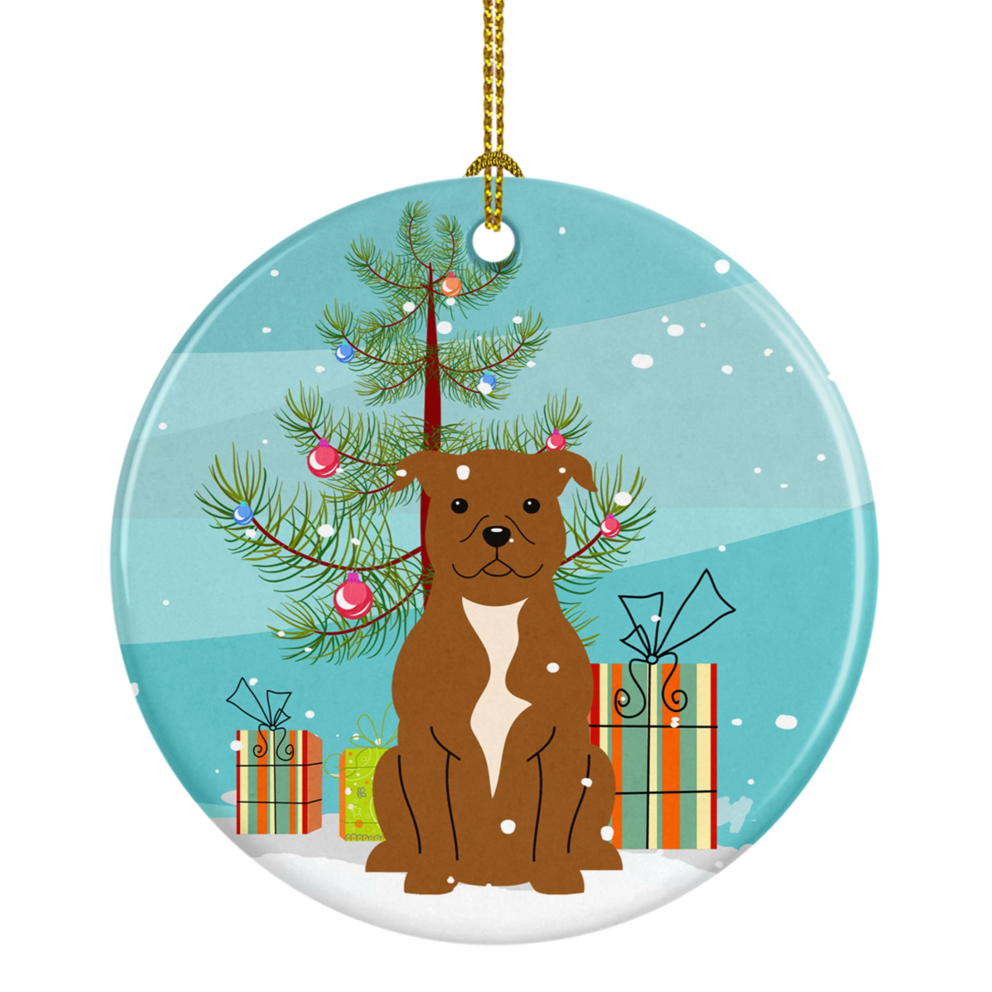 Merry Christmas Tree Staffordshire Bull Terrier Brown Ceramic Ornament