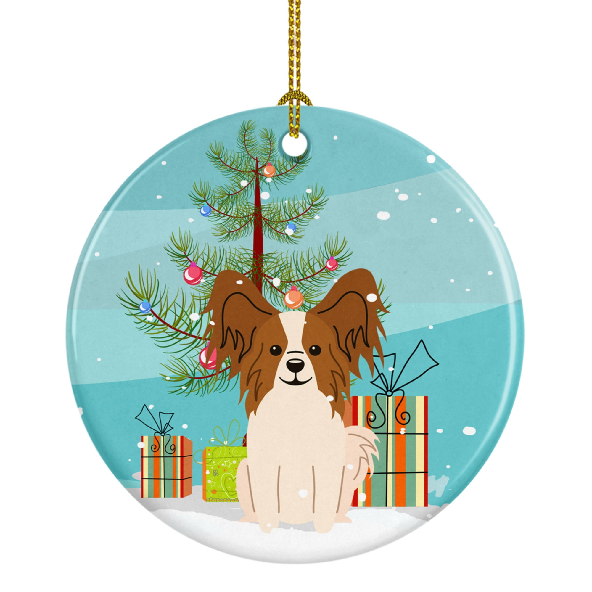 Merry Christmas Tree Papillon Red White Ceramic Ornament