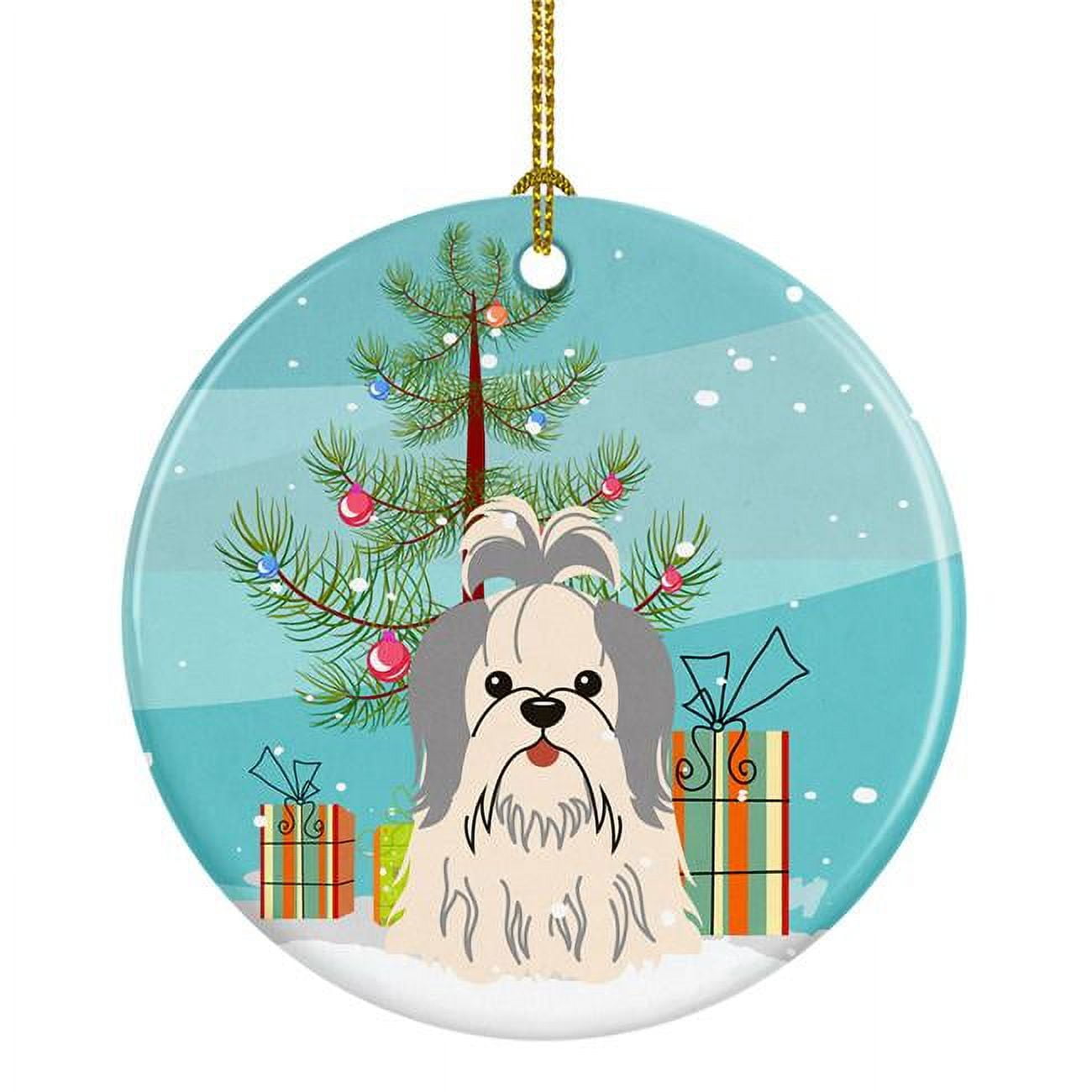 Merry Christmas Tree Shih Tzu Silver & White Ceramic Ornament