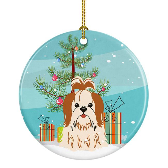 Merry Christmas Tree Shih Tzu Red White Ceramic Ornament