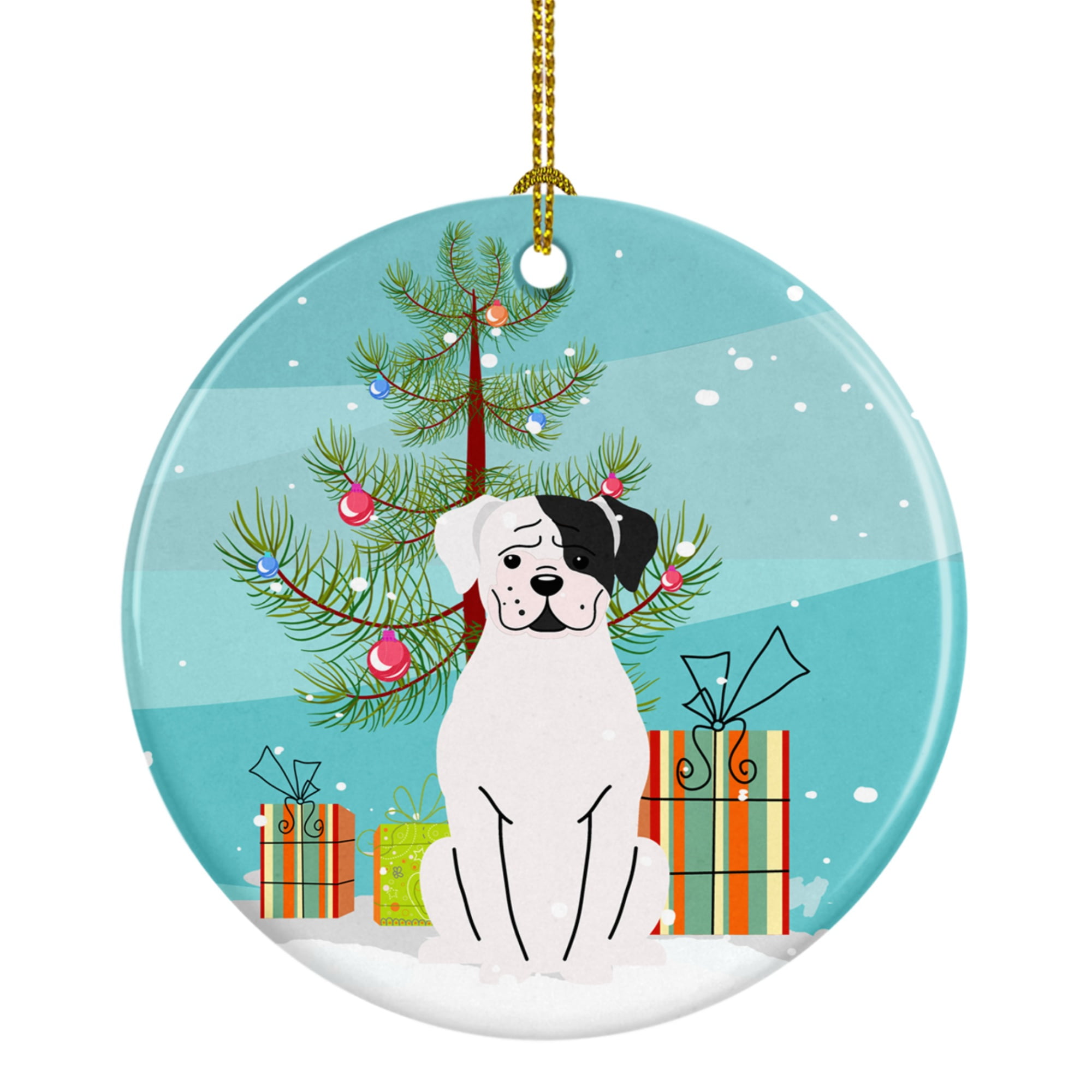 BB4239CO1 Merry Christmas Tree White Boxer Cooper Ceramic Ornament