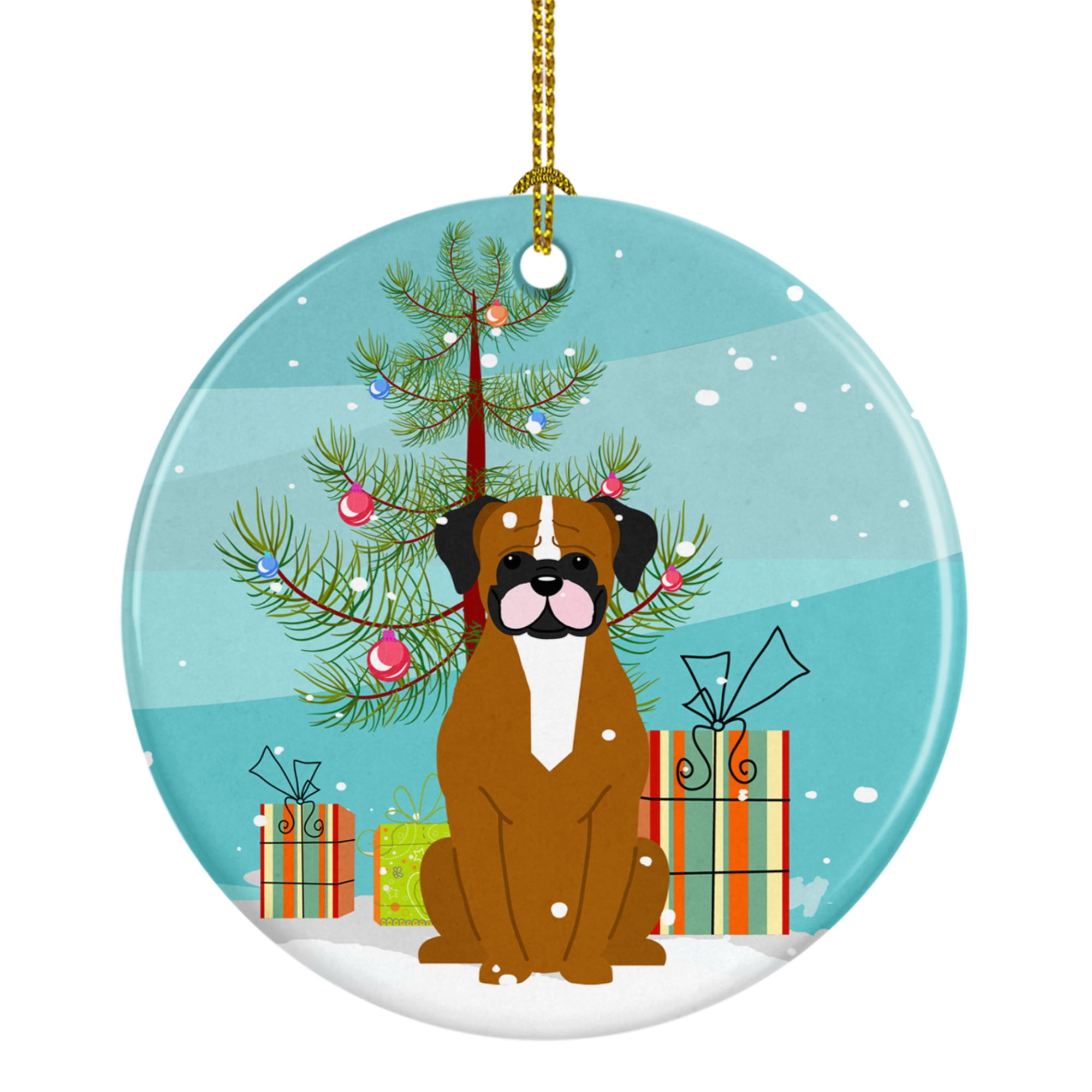 Merry Christmas Tree Flashy Fawn Boxer Ceramic Ornament
