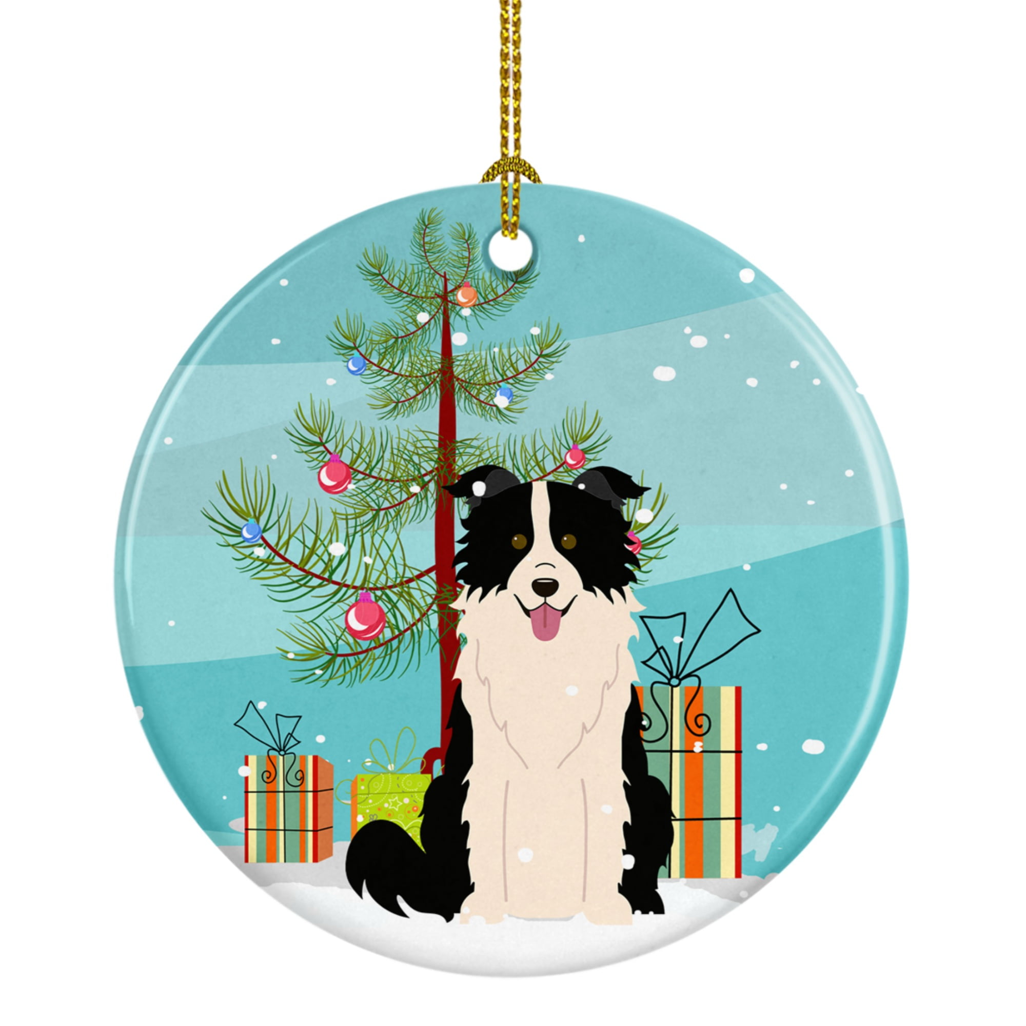 Merry Christmas Tree Border Collie Black & White Ceramic Ornament