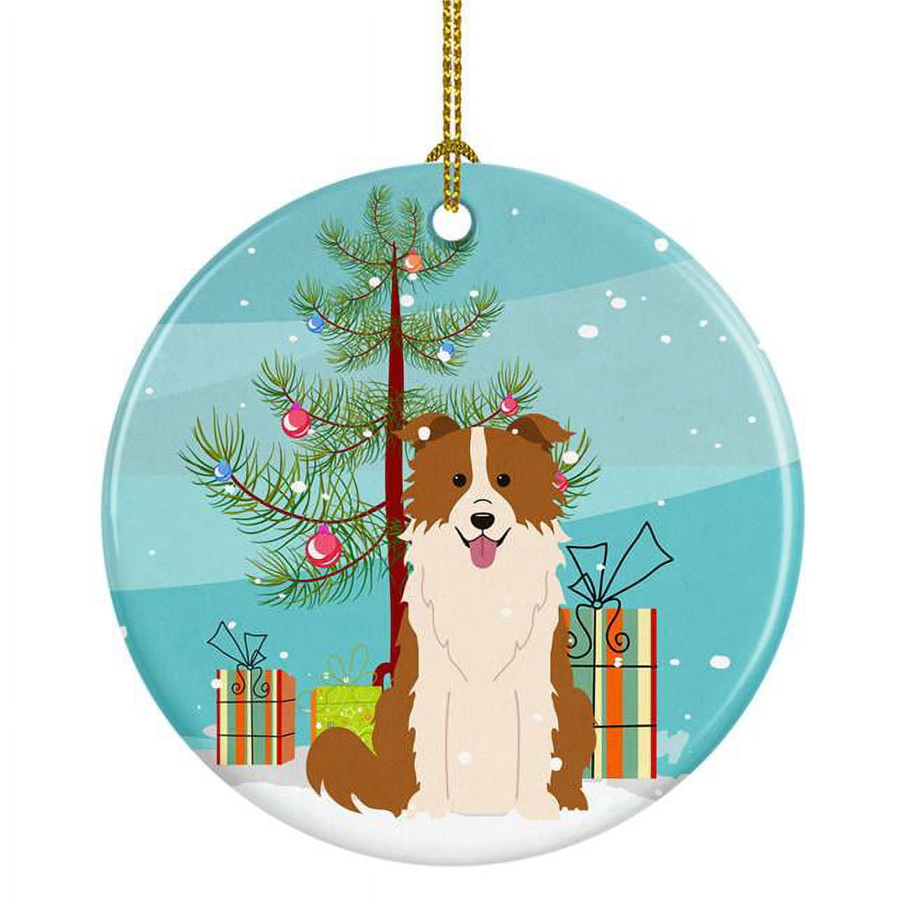 Merry Christmas Tree Border Collie Red White Ceramic Ornament