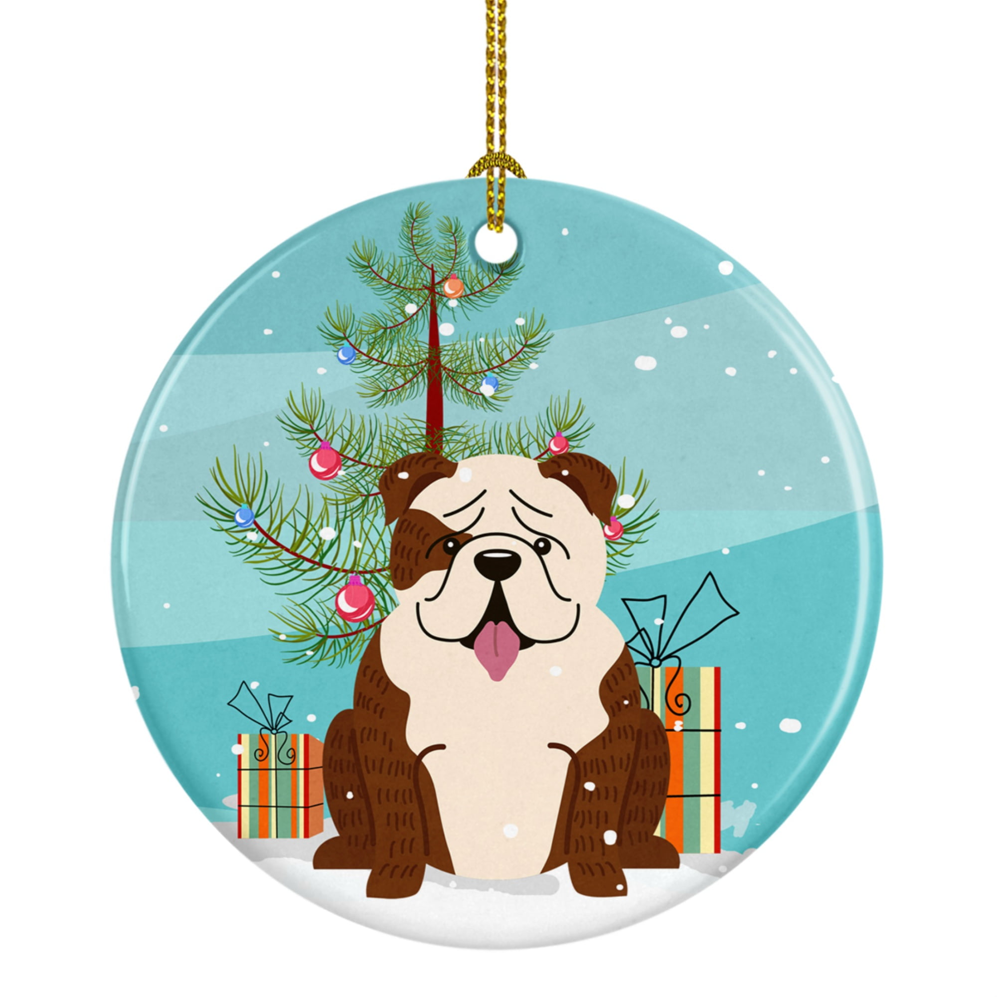 Merry Christmas Tree English Bulldog Brindle White Ceramic Ornament