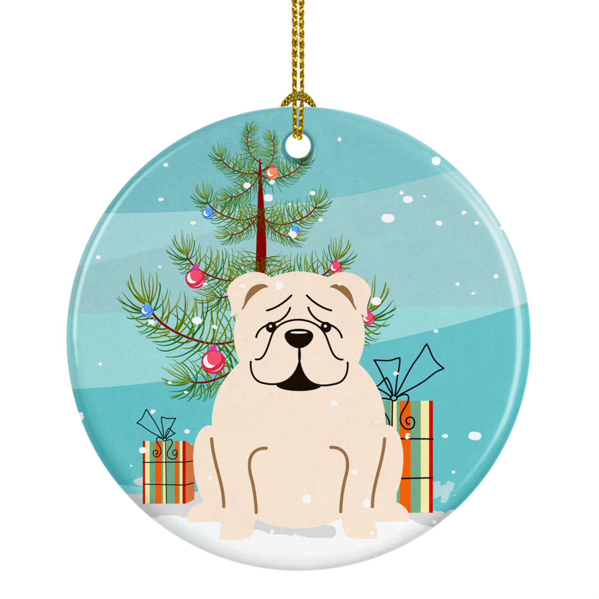 Merry Christmas Tree English Bulldog White Ceramic Ornament