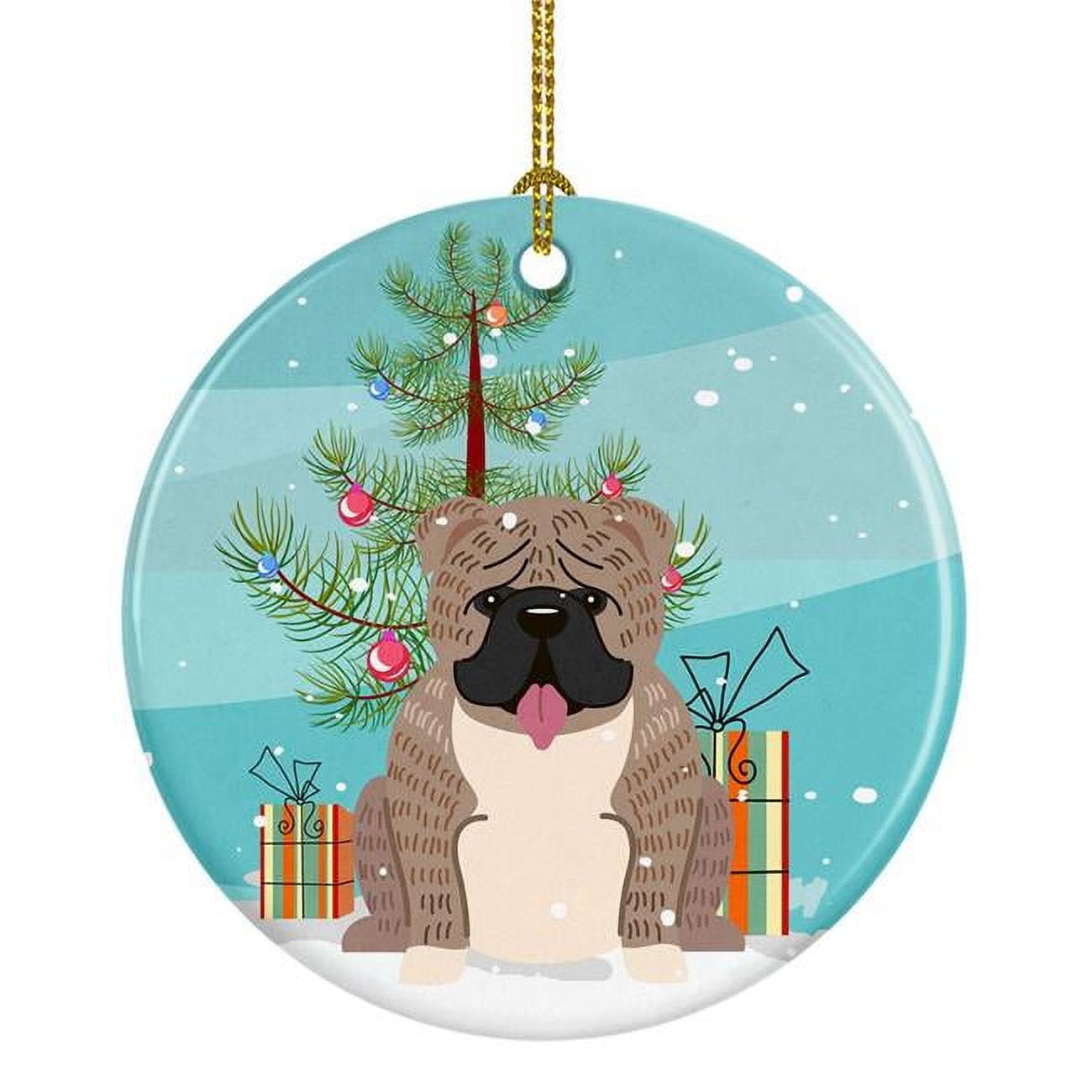 Merry Christmas Tree English Bulldog Grey Brindle Ceramic Ornament