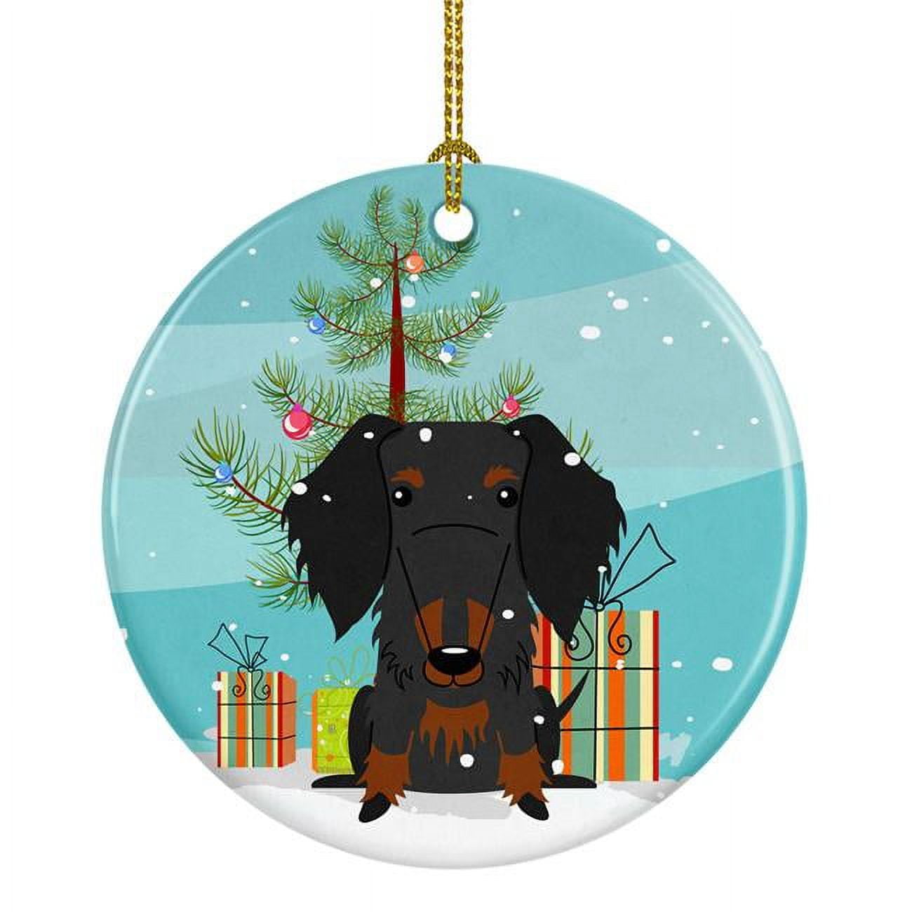 Merry Christmas Tree Wire Haired Dachshund Black Tan Ceramic Ornament