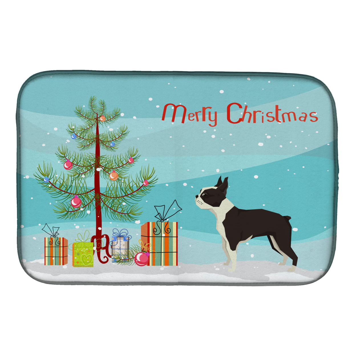 Boston Terrier Christmas Tree Dish Drying Mat
