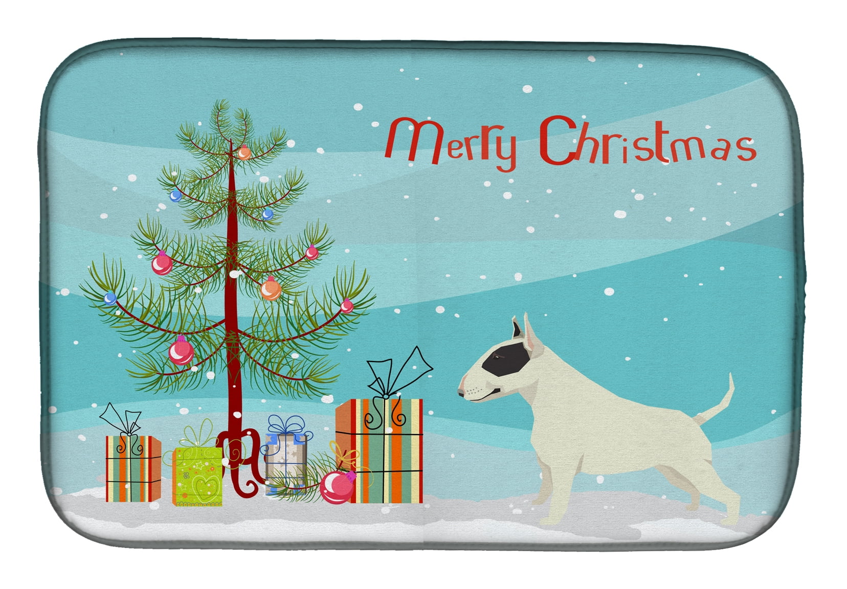 Picture of Carolines Treasures CK3527DDM Black & White Bull Terrier Christmas Tree Dish Drying Mat