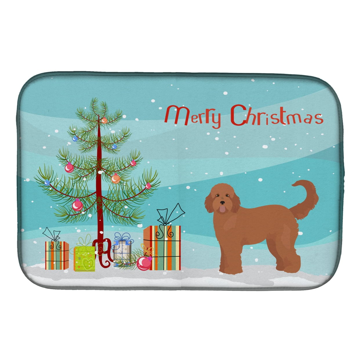 CK3839DDM Tan Goldendoodle Christmas Tree Dish Drying Mat