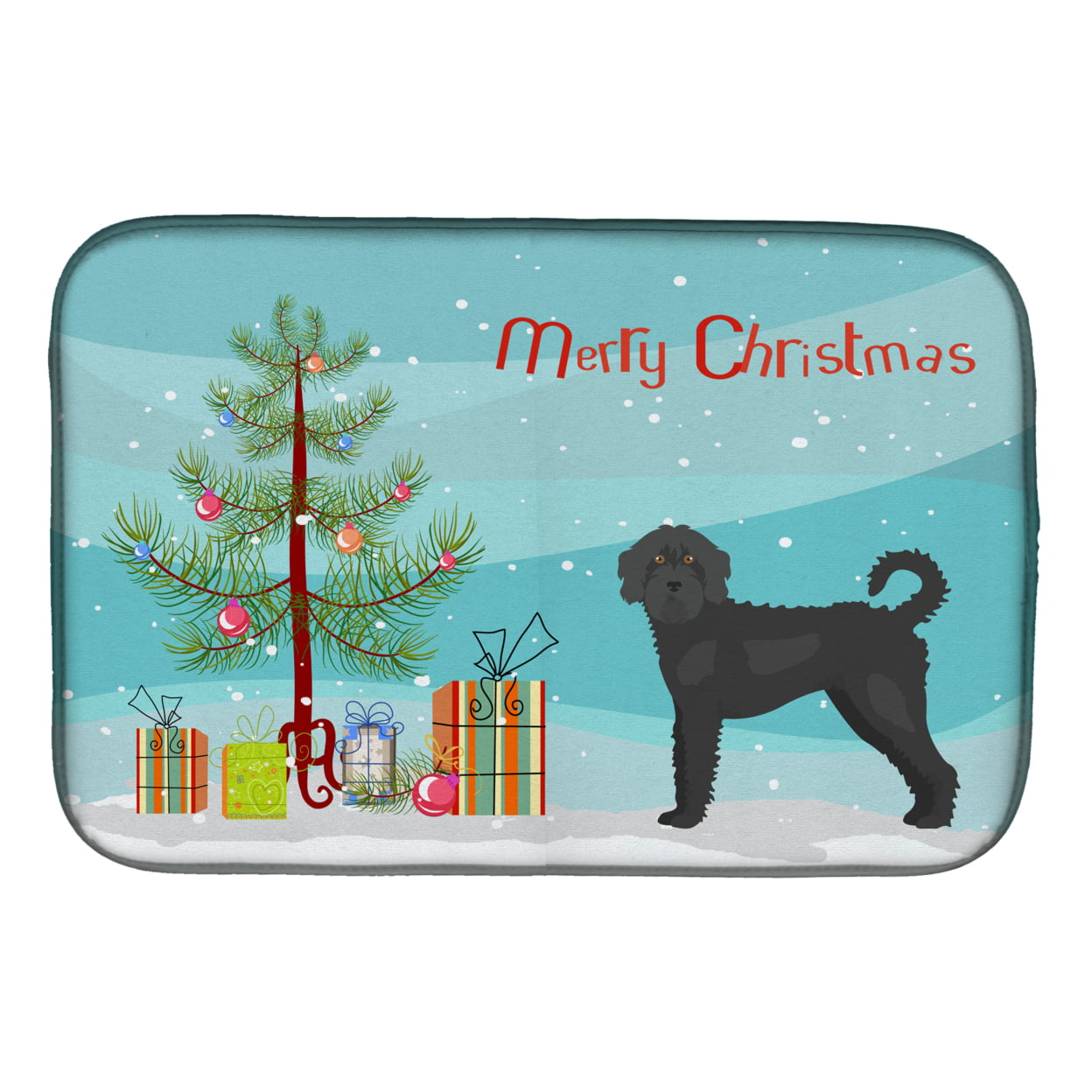 Black Labradoodle Christmas Tree Dish Drying Mat