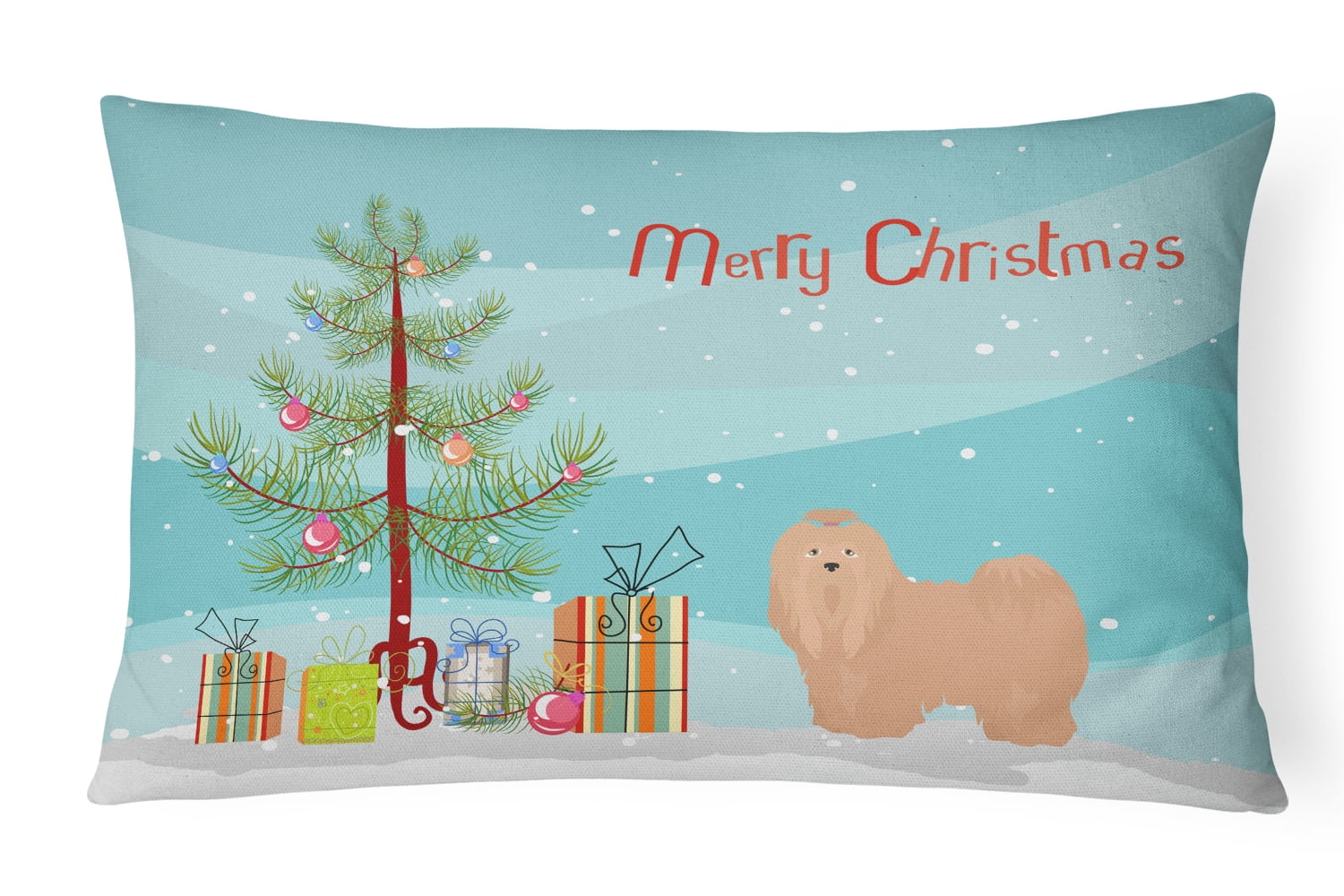 Tan Lhasa Apso Christmas Tree Canvas Fabric Decorative Pillow