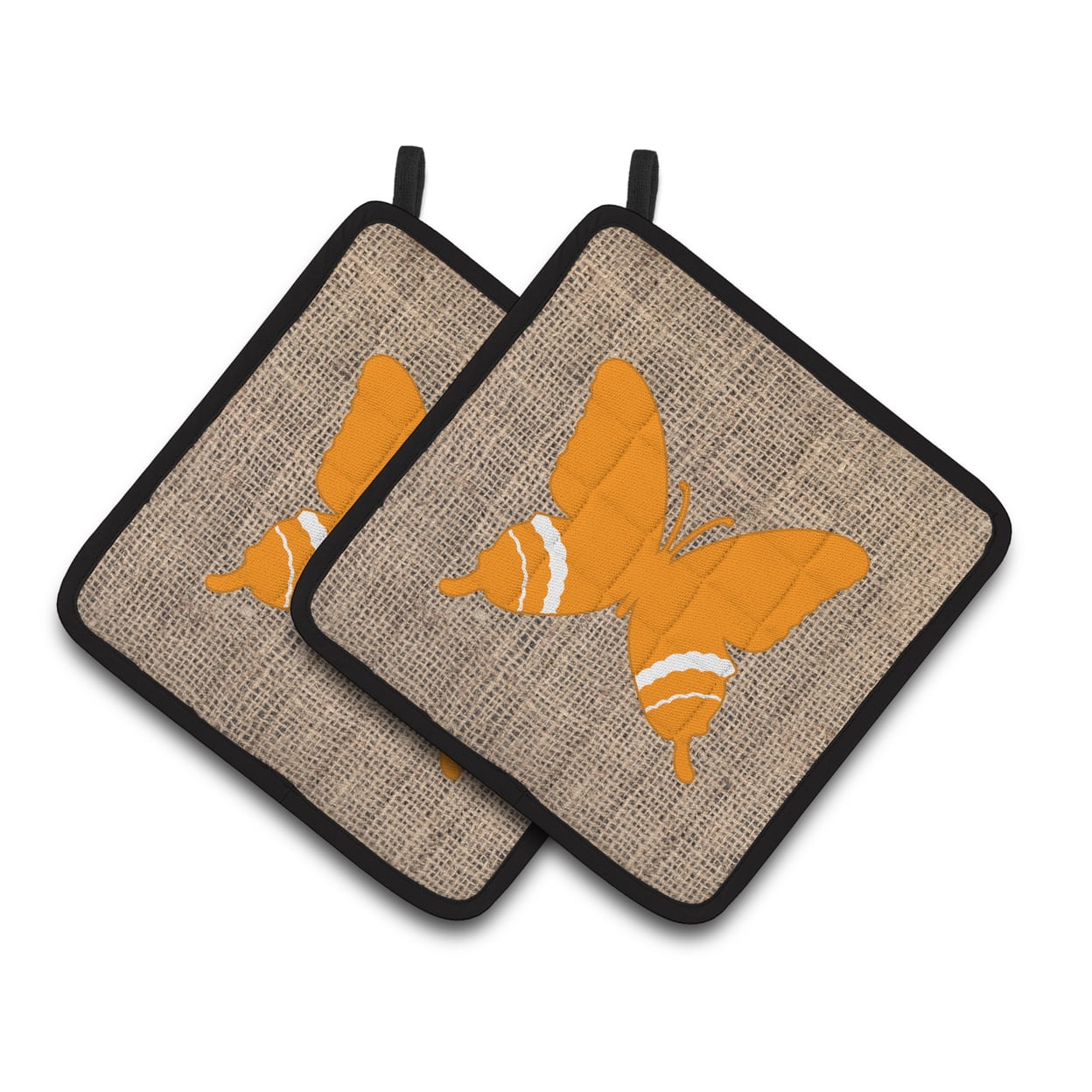 Picture of Carolines Treasures BB1034-BL-OR-PTHD Butterfly Faux Burlap & Orange Pair of Pot Holders