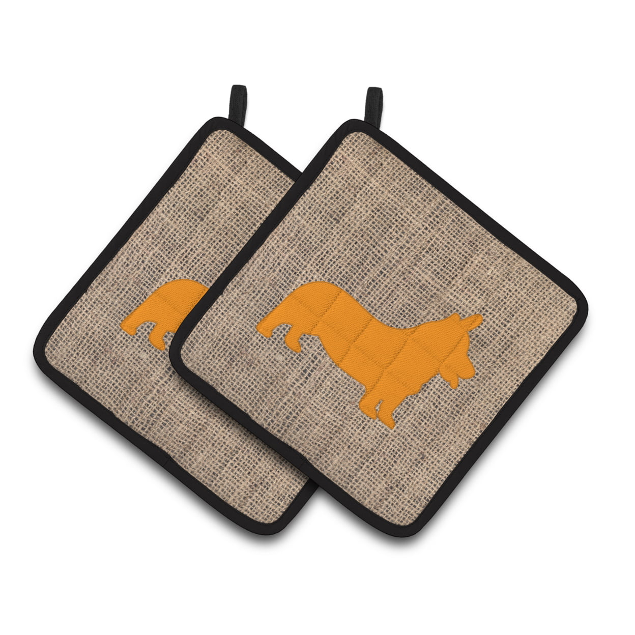 Picture of Carolines Treasures BB1069-BL-OR-PTHD Corgi Faux Burlap & Orange Pair of Pot Holders
