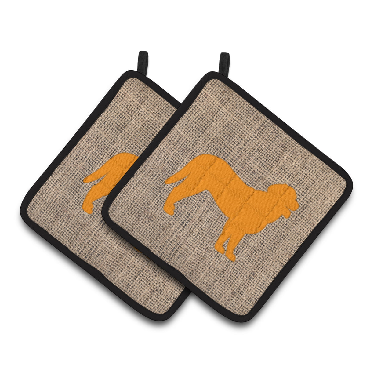 Picture of Carolines Treasures BB1074-BL-OR-PTHD Curly Coated Retriever Faux Burlap & Orange Pair of Pot Holders