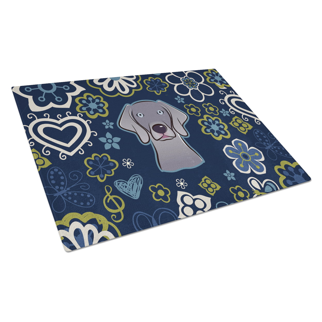 Blue Flowers Weimaraner Glass Cutting Board - Large