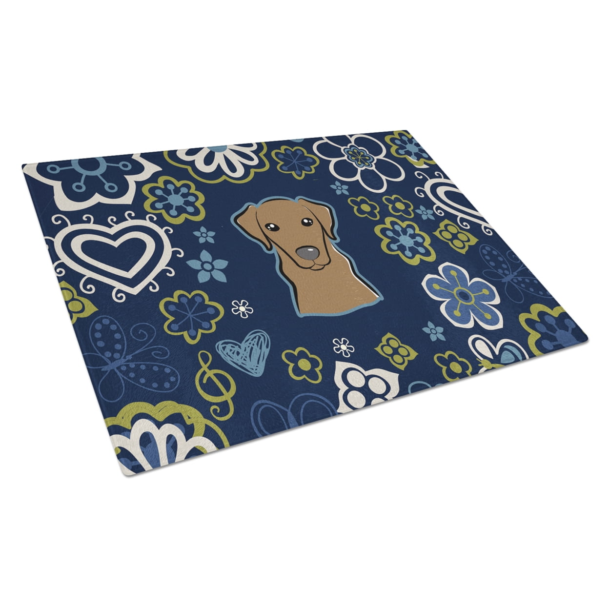 Blue Flowers Chocolate Labrador Glass Cutting Board - Large