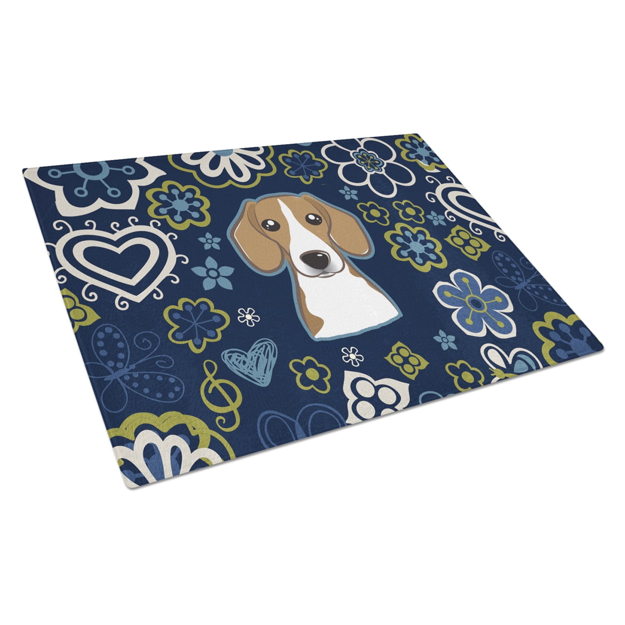 Blue Flowers Beagle Glass Cutting Board - Large