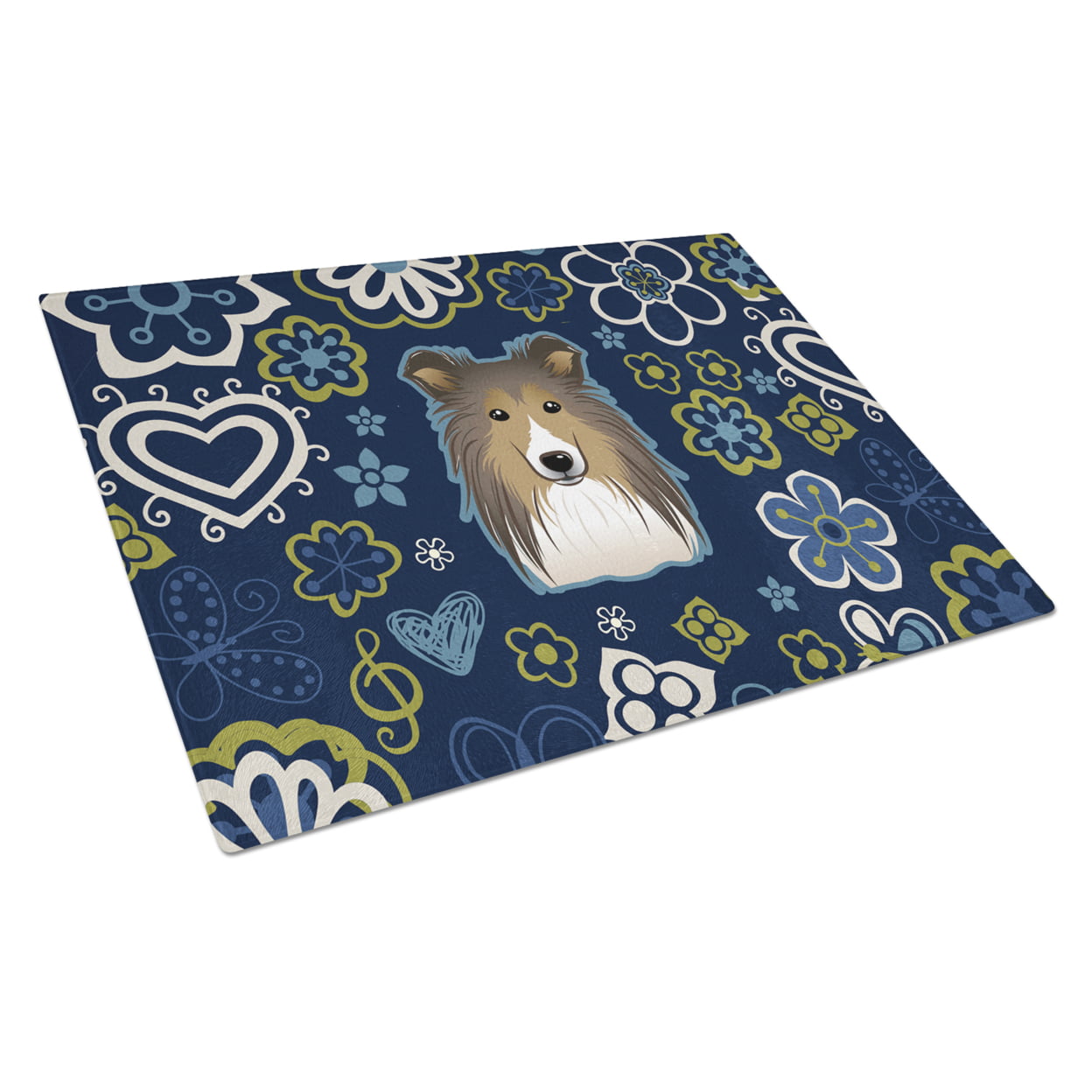 Blue Flowers Sheltie Glass Cutting Board - Large