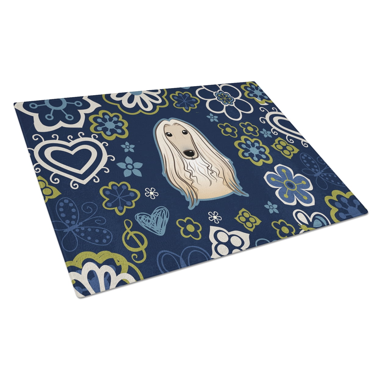 Blue Flowers Afghan Hound Glass Cutting Board - Large