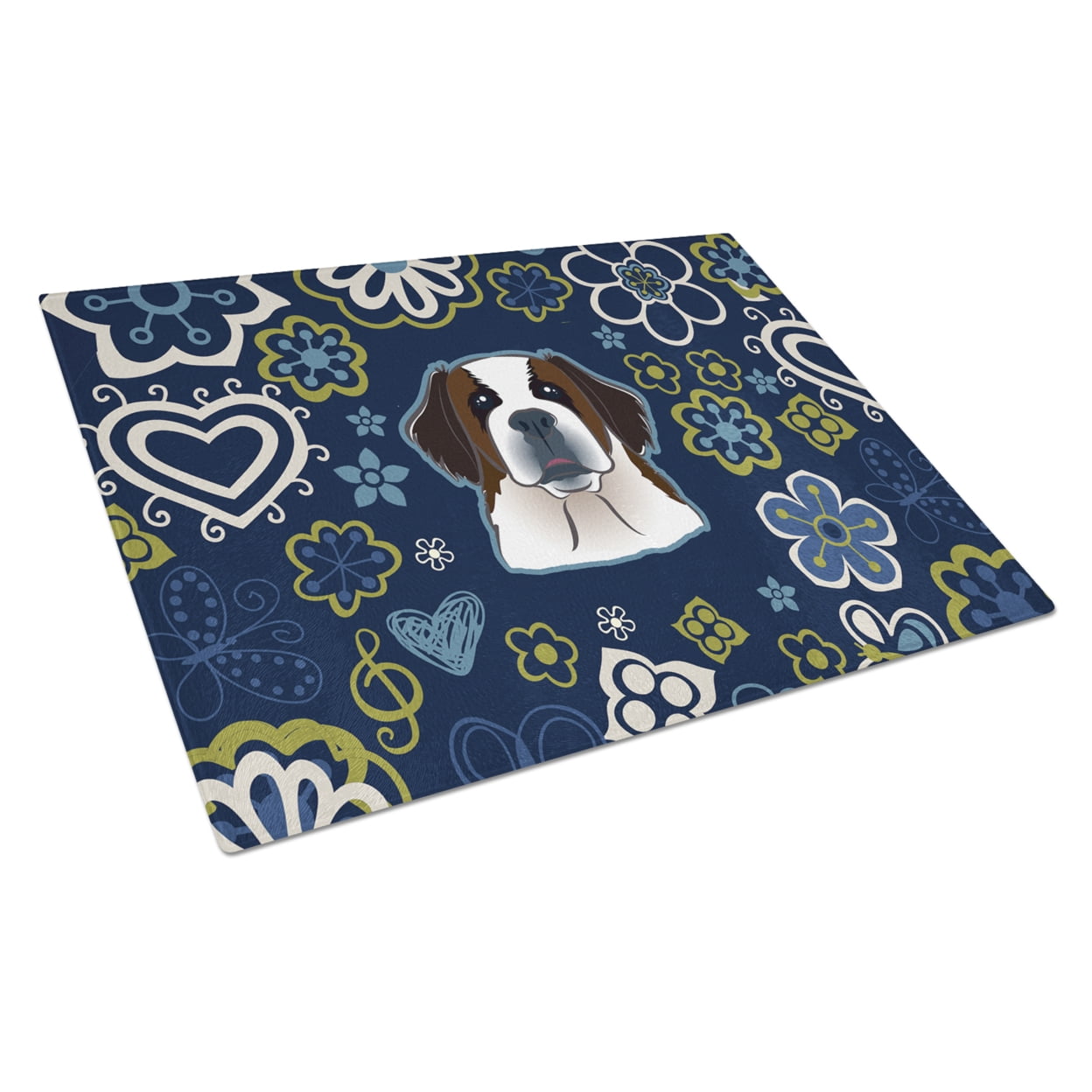 Blue Flowers Saint Bernard Glass Cutting Board - Large
