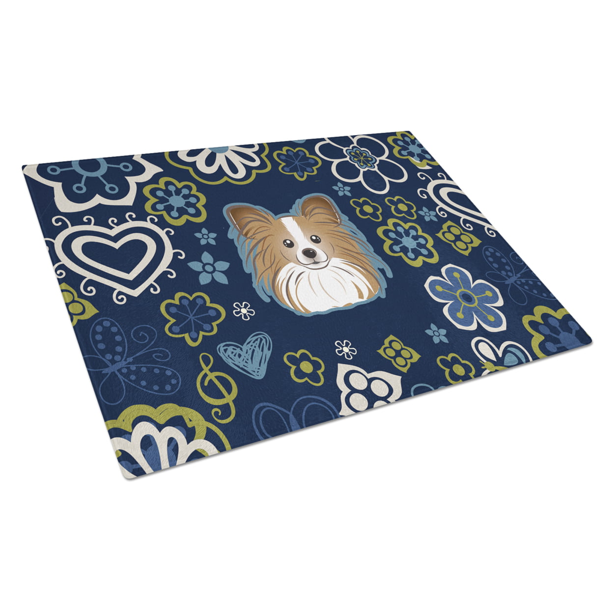 Blue Flowers Papillon Glass Cutting Board - Large