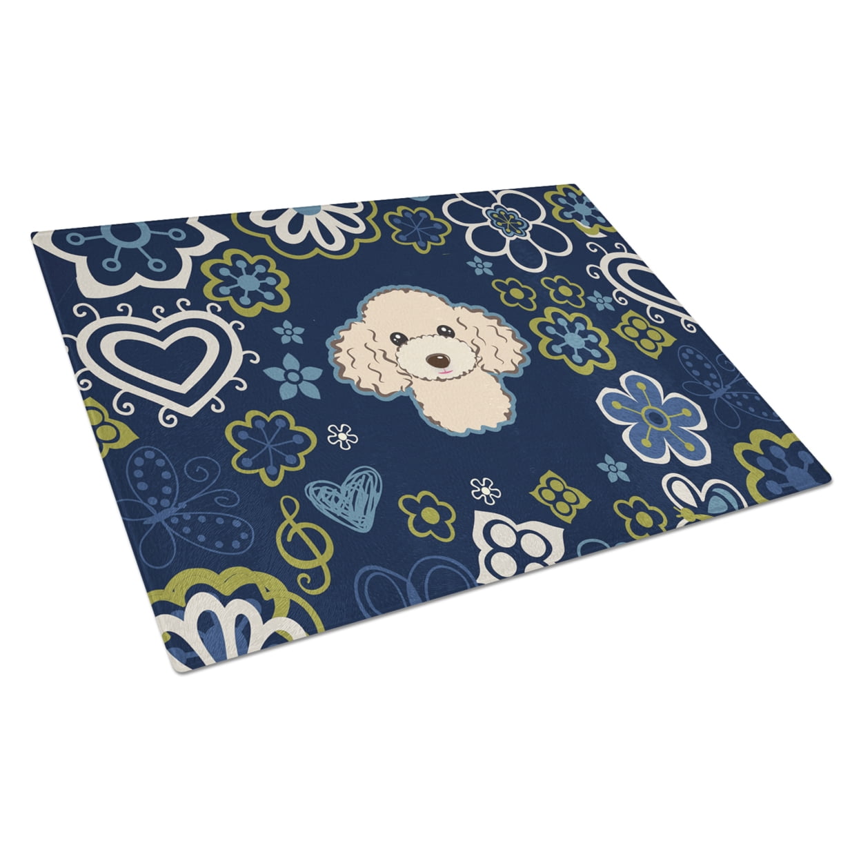 Blue Flowers Buff Poodle Glass Cutting Board - Large