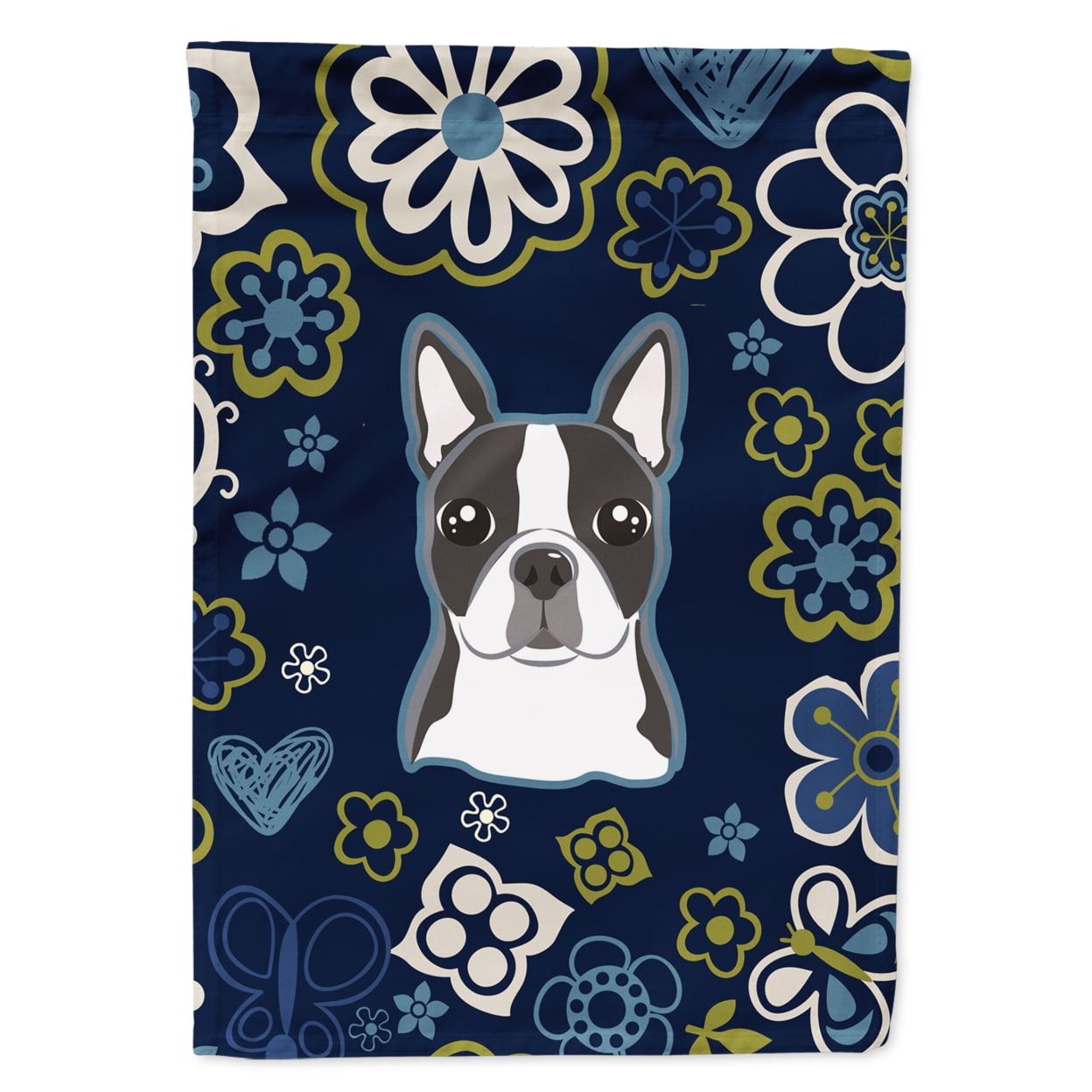 Blue Flowers Boston Terrier Garden Size Flag