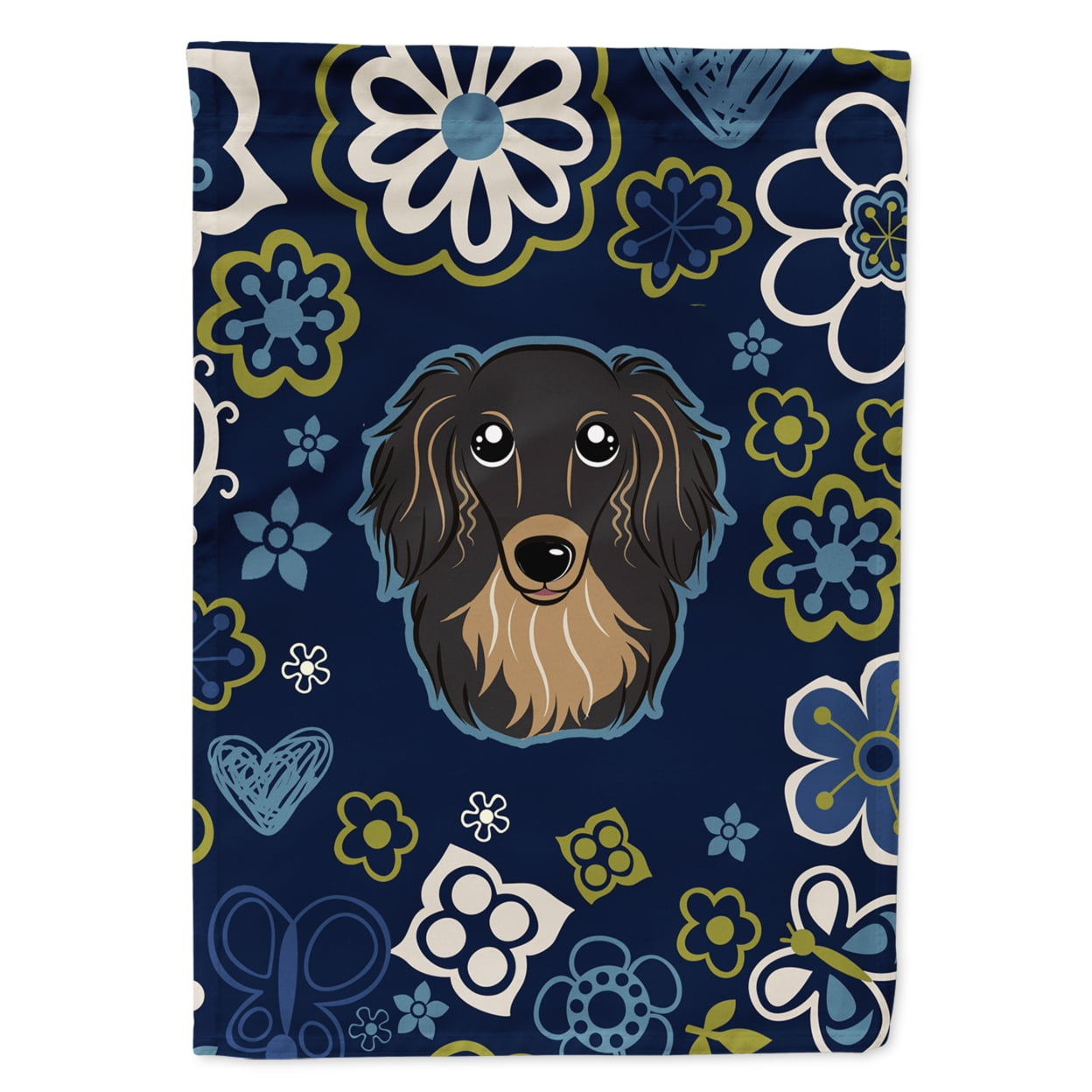 Blue Flowers Longhair Black & Tan Dachshund Garden Size Flag