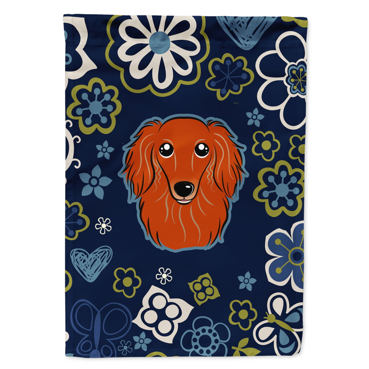 Blue Flowers Longhair Red Dachshund Garden Size Flag