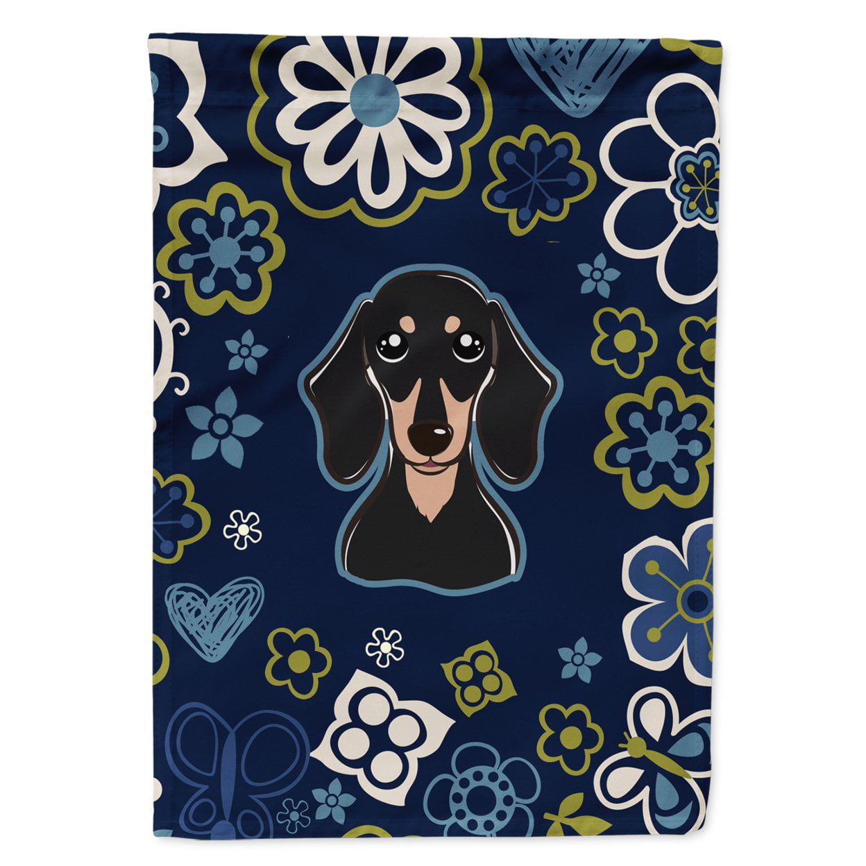 Blue Flowers Smooth Black & Tan Dachshund Garden Size Flag