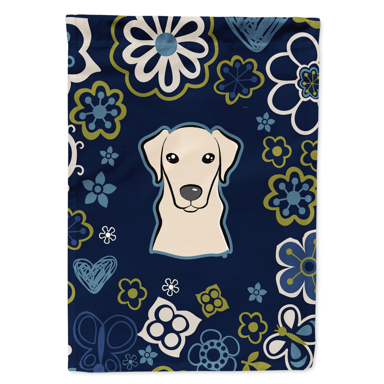 Blue Flowers Yellow Labrador Garden Size Flag