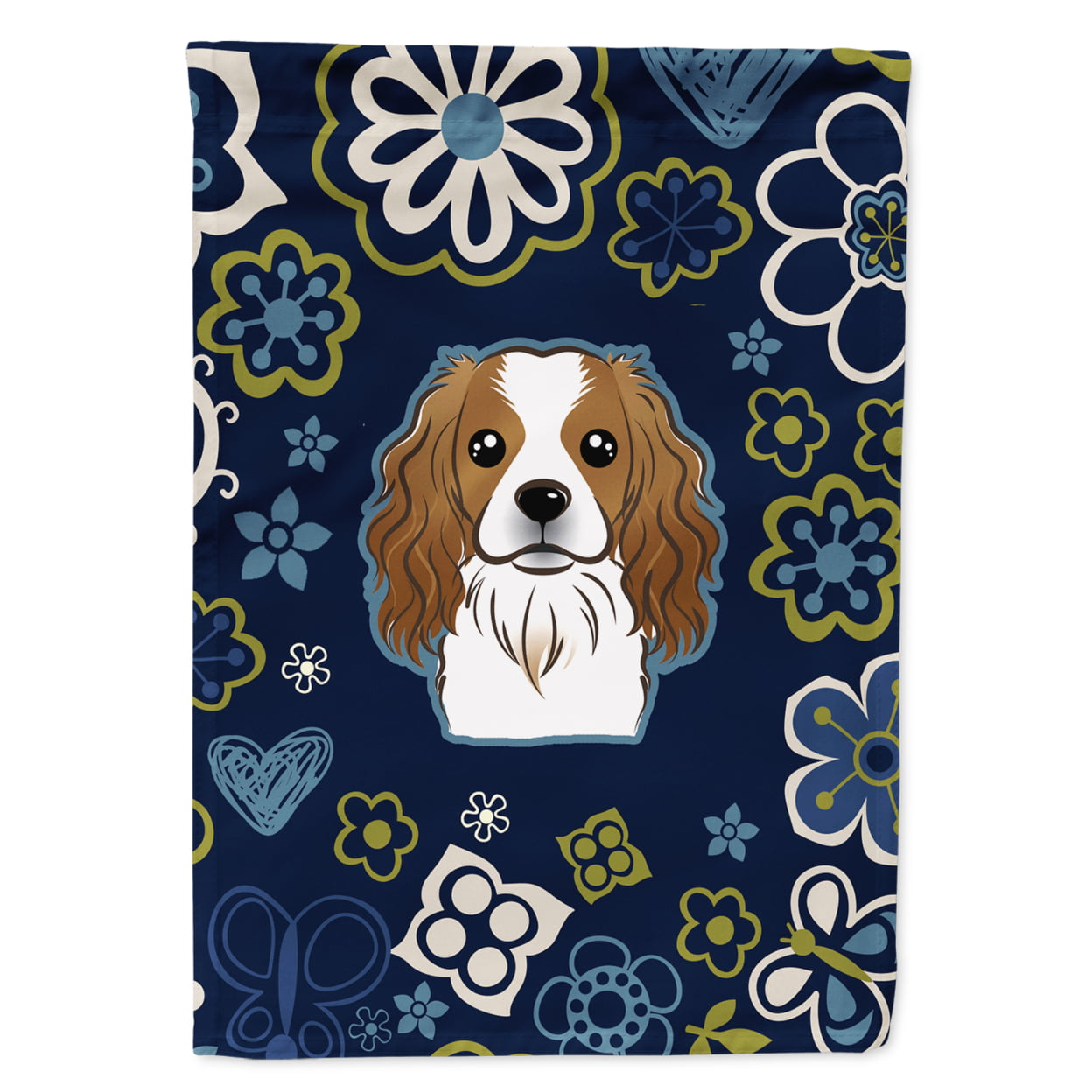 Blue Flowers Cavalier Spaniel Garden Size Flag