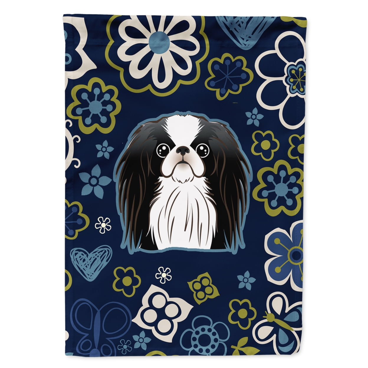Blue Flowers Japanese Chin Garden Size Flag