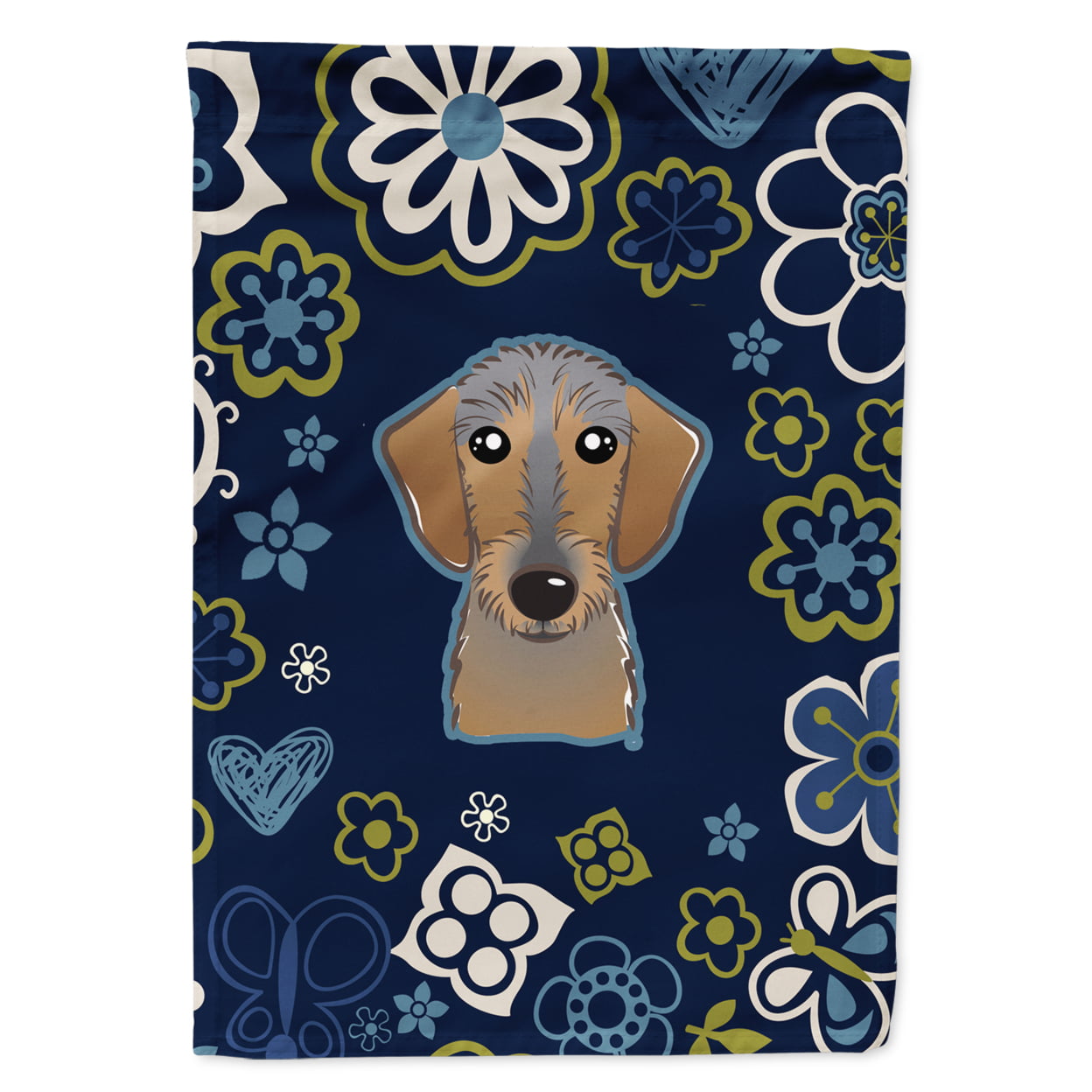 Blue Flowers Wirehaired Dachshund Garden Size Flag