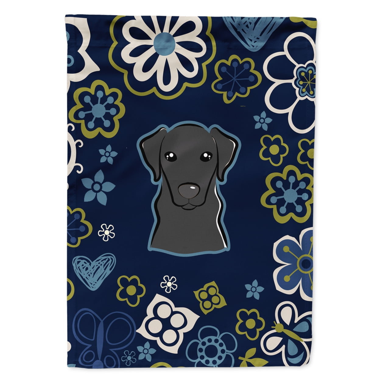 Blue Flowers Black Labrador Garden Size Flag