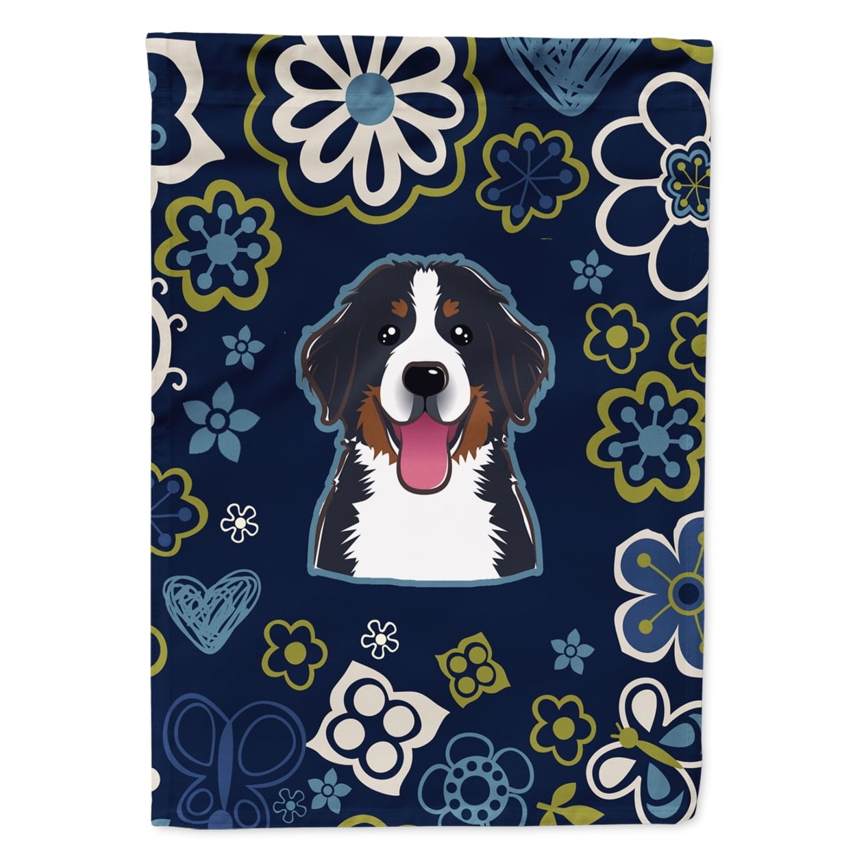 Blue Flowers Bernese Mountain Dog Garden Size Flag