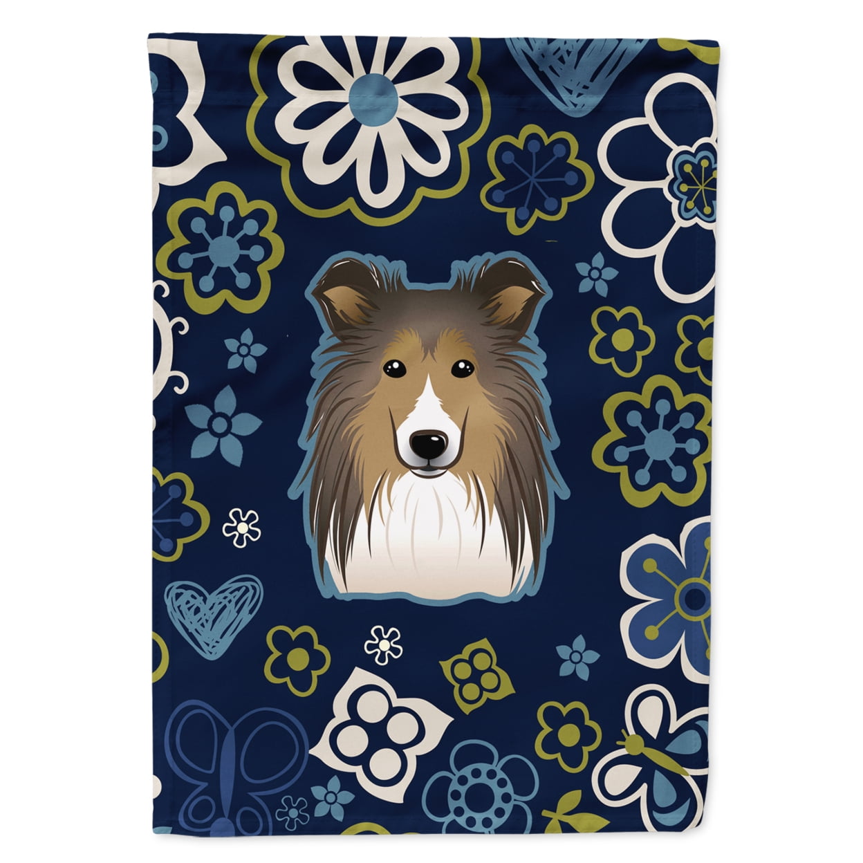 Blue Flowers Sheltie Garden Size Flag