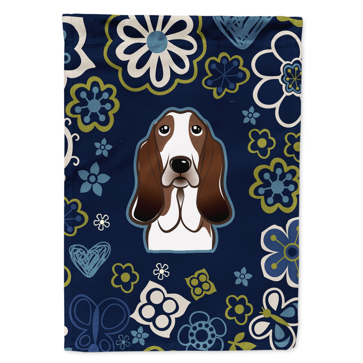Blue Flowers Basset Hound Garden Size Flag