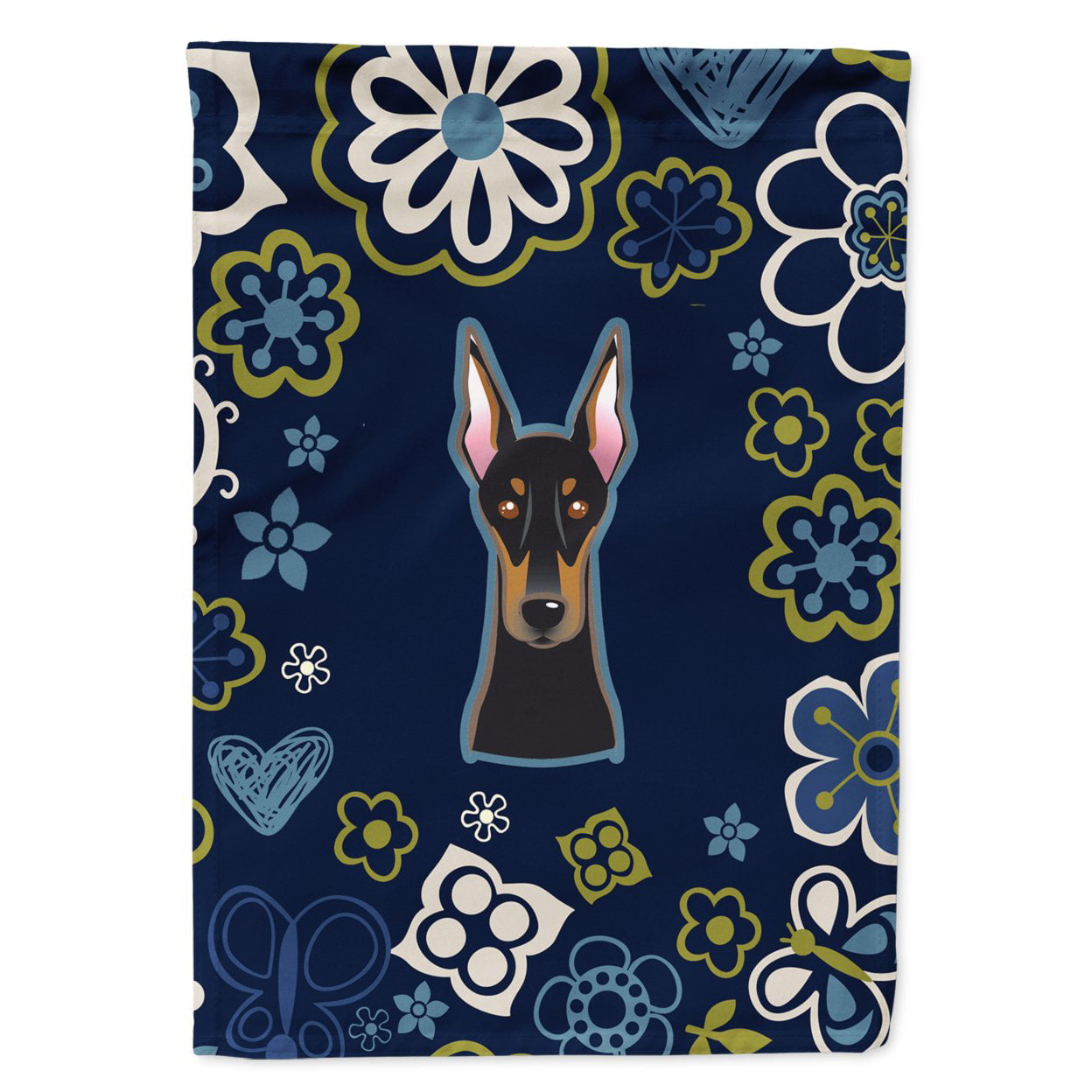 Blue Flowers Doberman Pinscher Garden Size Flag