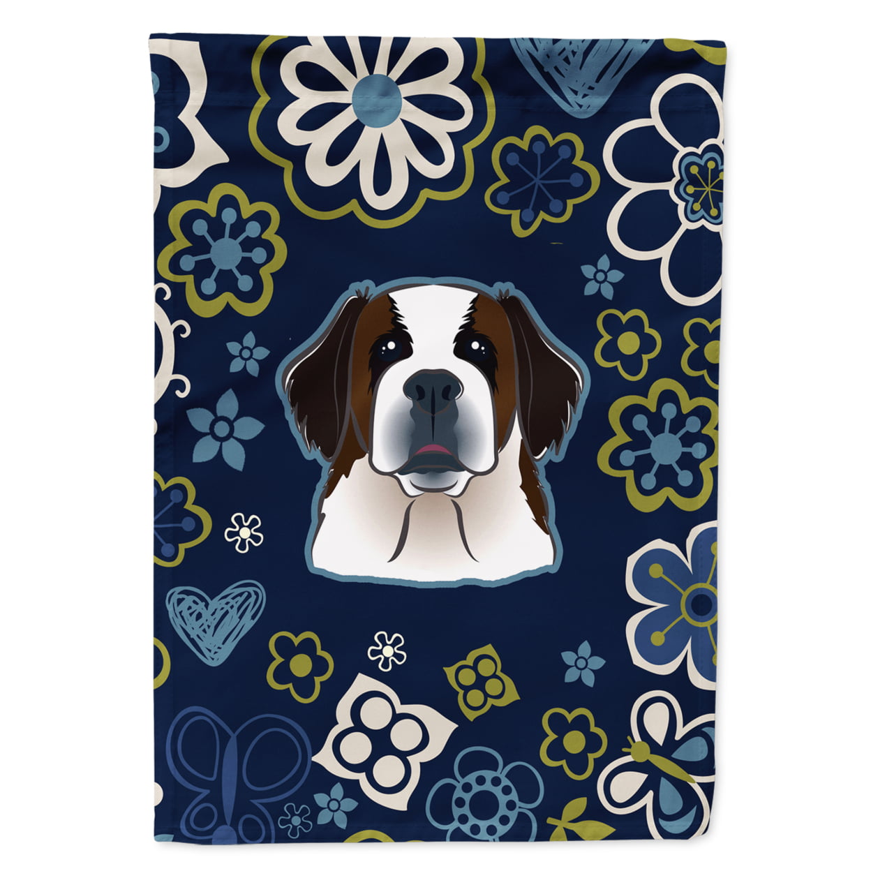 Blue Flowers Saint Bernard Garden Size Flag